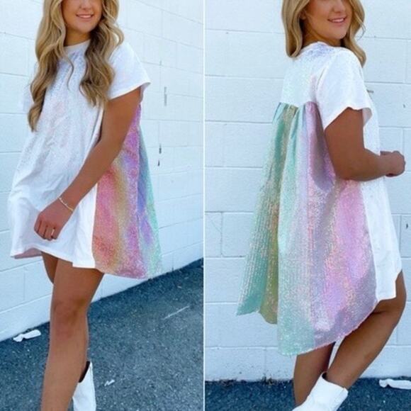 Queen of Sparkles White Iridescent Rainbow Sequin Cape Back Mini Dress Size S - Picture 1 of 16